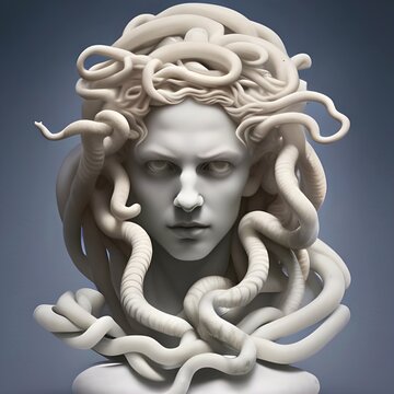 Image featuring a white marble bust of Medusa, otherwise known as Gorgo, a mythological monster slain by the hero Perseus in ancient Greek mythology.