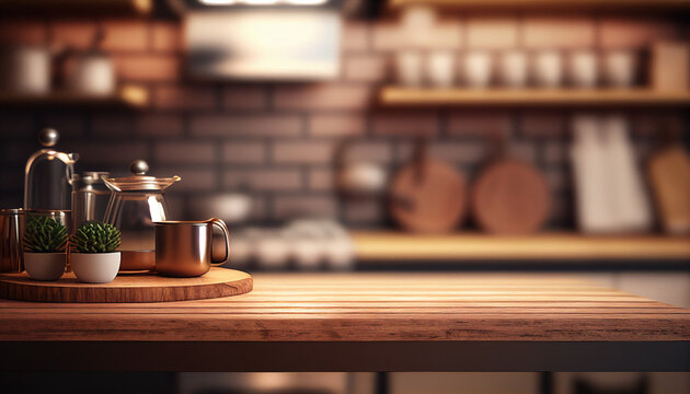Brown wooden table top and blurred kitchen background from interior building - ready for display or montage your products Generative AI