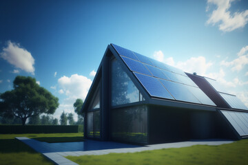 Obraz premium Eco-Friendly Modern House with Blue Solar Panels on the Roof - Zero Waste and Green Energy Technology Concept