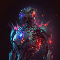 homem cyborg humanóide robo quase destruido luzes neon, generative ai