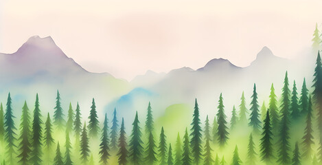 Fototapeta premium a forest in water colors with a mountain range in the background - generative ai
