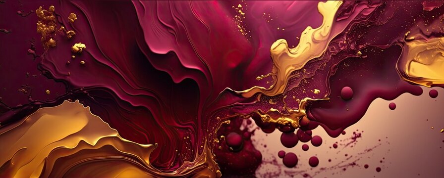 Abstract Background Burgundy and Gold Watercolor Paint Liquid Fluid Texture For Graphic Design. Generative AI.