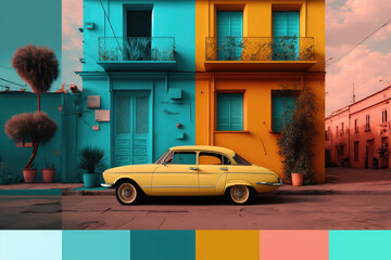 Retro cat at old building illustration, Generative AI