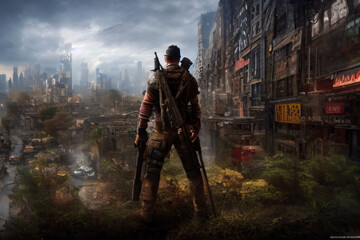 Naklejka premium Futuristic Male Soldier Looks Over Dystopian Destroyed City Cloudy Sky Painted Background Generative AI Illustration