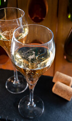 Glasses of sparkling white wine champagne or cava with bubbles and classic wooden champagne pupitre rack with empty bottles on background