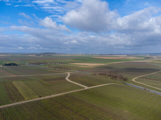 Aerial panoramic winter view on valley landscape, vineyards near Ludes premier cru champagne...