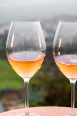 Tasting of premier cru sparkling rose wine with bubbles champagne outdoor with view on hilly pinot meunier vineyards in Hautvillers in February, near Epernay, France.