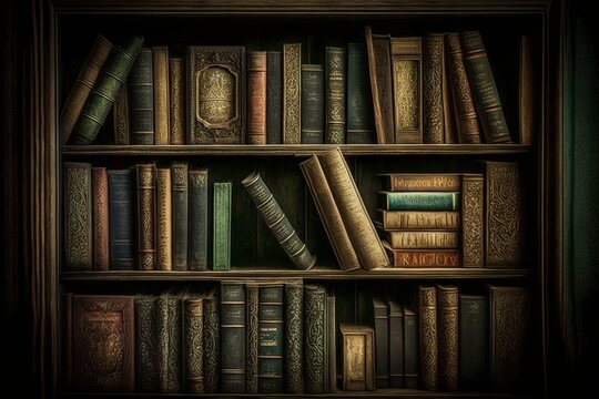 image, library shelves with old books, generative ai
