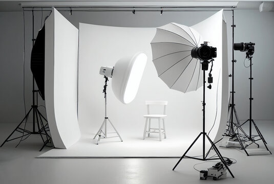 modern photo studio with white background, tripods, lights and softbox