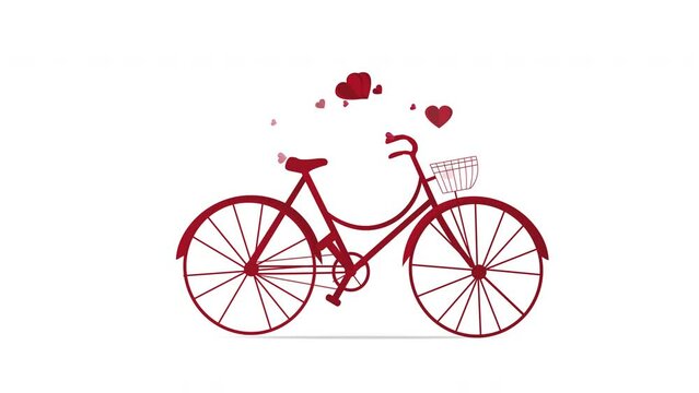 Valentine's Day. Bicycle animation. Animated red bicycle and love hearts flying from bicycle basket isolated on white background.