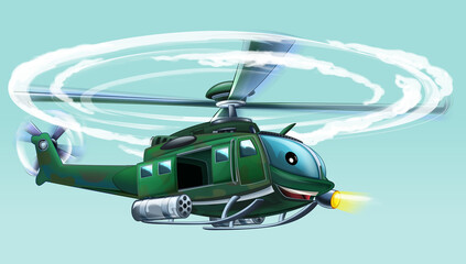 cartoon scene with military helicopter flying on duty illustration for children