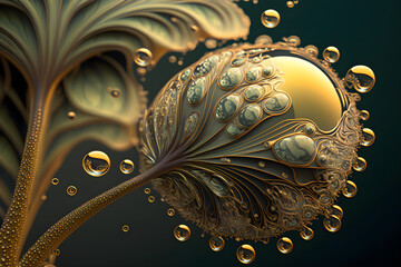 Abstract plant with a leaf with ornament and dew drops. Generative AI. 