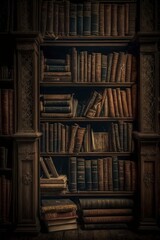 image, library shelves with old books, generative ai