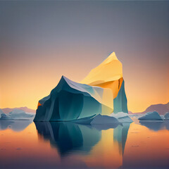 Iceberg ice landscape at sunset or sunrise, Generative AI