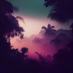 Obraz na płótnie Canvas Beautiful misty jungle forest landscape at sunset or sunrise, Generative AI