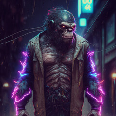 Monkey Chimpanzee angry, neon lights, futuristic,in the night city