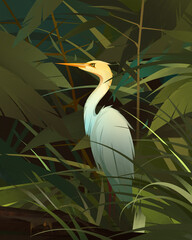 bright art bird. Image of a egret in foliage