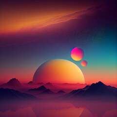 Fototapeta premium Fantasy landscape with planets illustration. Generative AI