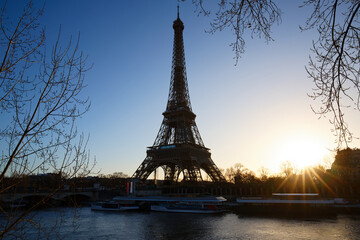 Sunset view of Eiffel tower and Seine river in Paris, France. Autumn Paris