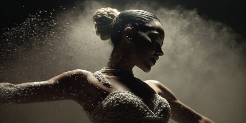 Epic portrait of ballerina dancing in the dark with cloud of powder behind under spotlight. Generative AI illustration