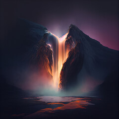 Beautiful waterfall landscape nature at sunset or sunrise, Generative AI