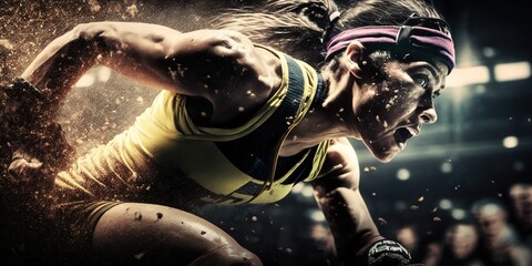 Young athlete woman running during competition. Close up image. Generative AI illustration