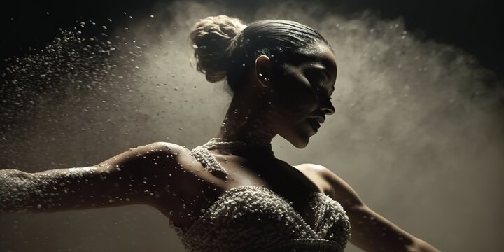 Fototapeta Epic portrait of ballerina dancing in the dark with cloud of powder behind under spotlight. Generative AI illustration