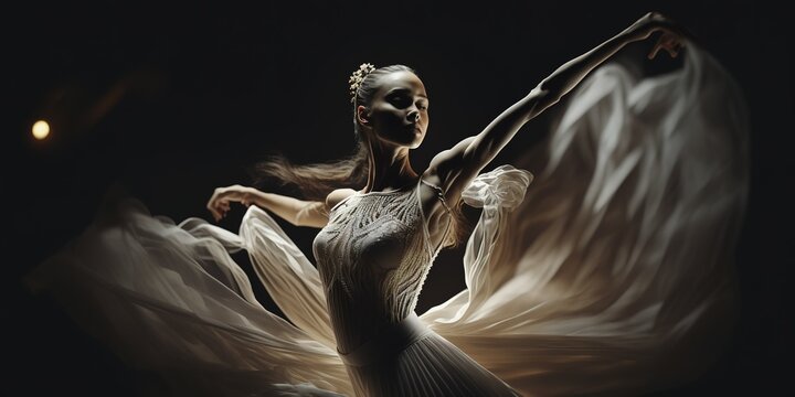 Fototapeta Beautiful ballerina dancer, dancing in the darkness of theatre with big dress. Generative AI illustration