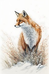 Fox animal in winter landscape. Watercolor illustration. Wild cute red fox in winter forest.  Furry animal with red fur on white snow and fir trees. Generative AI