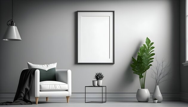 Scandinavian minimalisti room interior with mock up photo frame. White walls. Modern and floral concept. Generative AI