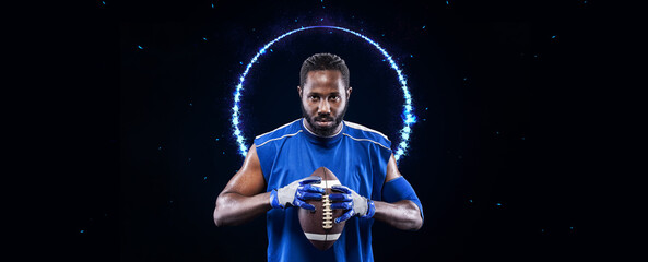 American football player. Sports betting. Win money. Template for sports advertising.