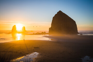 Haystack Rock at sunset Cannon Beach, Oregon