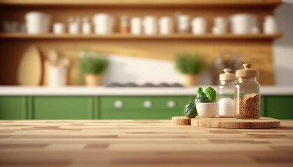 Brown wooden table top and blurred green kitchen background from interior building - ready for display or montage products Generative AI