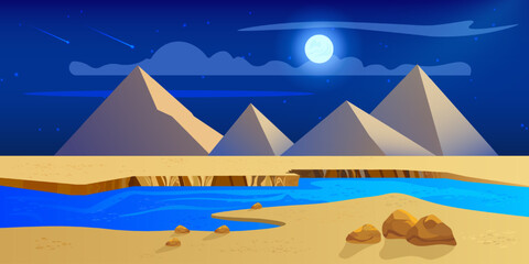 Egyptian desert with river and pyramids at night. Landscape with sand dunes, moon and stars in the sky. Vector illustration
