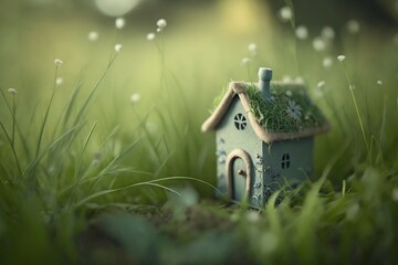 image, little toy house deep in the grass in the meadow, ai generative