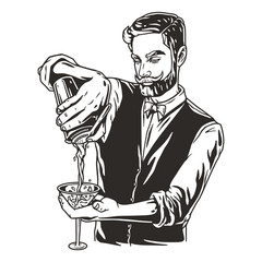 Barman with shaker and martini for bartending. Barkeepr or bartender with beard and mustache for cocktail bar.