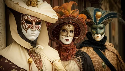 Zelfklevend Fotobehang Elegant people in masquerade carnival mask at Venice Carnival. Beautiful women and men wearing venetian mask.   digital ai art © Viks_jin