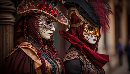 Elegant people in masquerade carnival mask at Venice Carnival. Beautiful women and men wearing venetian mask.   digital ai art - obrazy, fototapety, plakaty