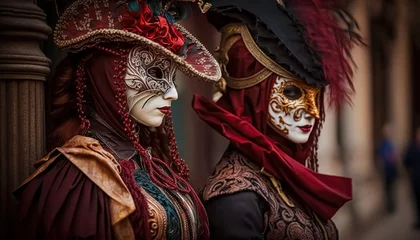 Gordijnen Elegant people in masquerade carnival mask at Venice Carnival. Beautiful women and men wearing venetian mask.   digital ai art © Viks_jin