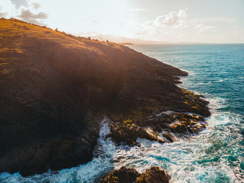 Beautiful island coast shore mountain known as la zanja from puerto rico on golden hour