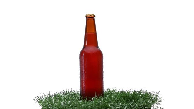 glass bottle of beer on green grass spinning on white background