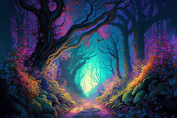 Obraz na płótnie Canvas Colorful Forest Night Atmosphere, Fairy Tale Forest Concept. Generative Ai