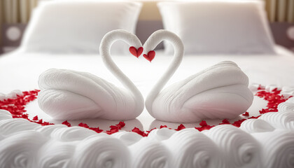 Two swans made from towels are kissing on honeymoon white bed. Valentine signature made from red rose flower on bed decoration in bedroom. Valentine background. honey moon. digital art	