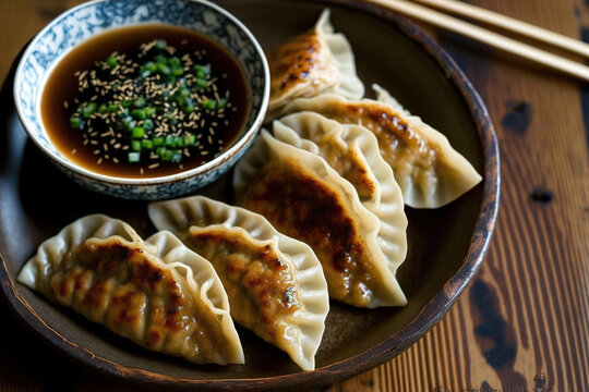 Korean beef mandu potstickers cooked from scratch with dipping sauce. Generative AI