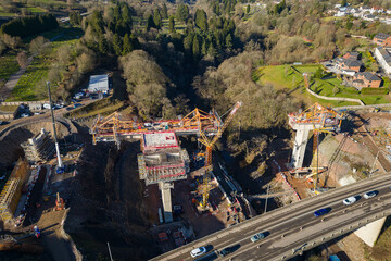 MERTHYR TYDFIL, WALES - FEBRUARY 06 2023: Aerial view of major roadworks and construction of...