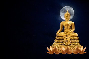Buddha statue on black sky moon background at night.