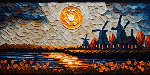 Dutch windmill abstract painting landscape. Sun setting over river in holland. Colorful sunset background wallpaper.