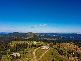 Aerial vIew by drone. Summer. Pamir military base, Bucovina. Chernivtsi región. Ukraine Carpatian mountains.