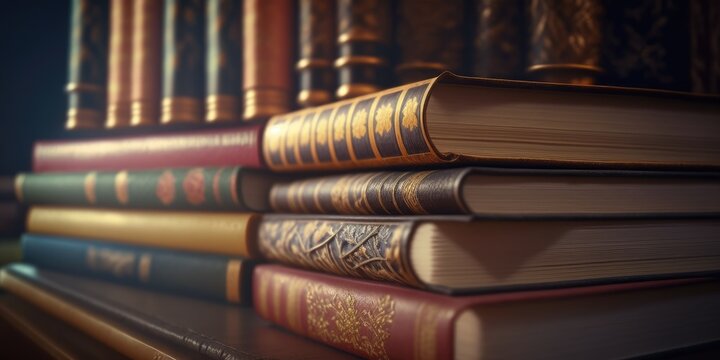 Stack of old ornate decorative books on a shelf. Reading is fun. Bookworm bookshelf. Volumes and tomes. Library of authors and texts. Education and Learning.