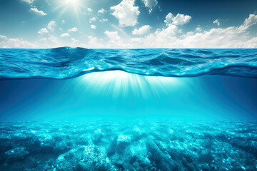 Blue or ocean water surface and underwater, AI